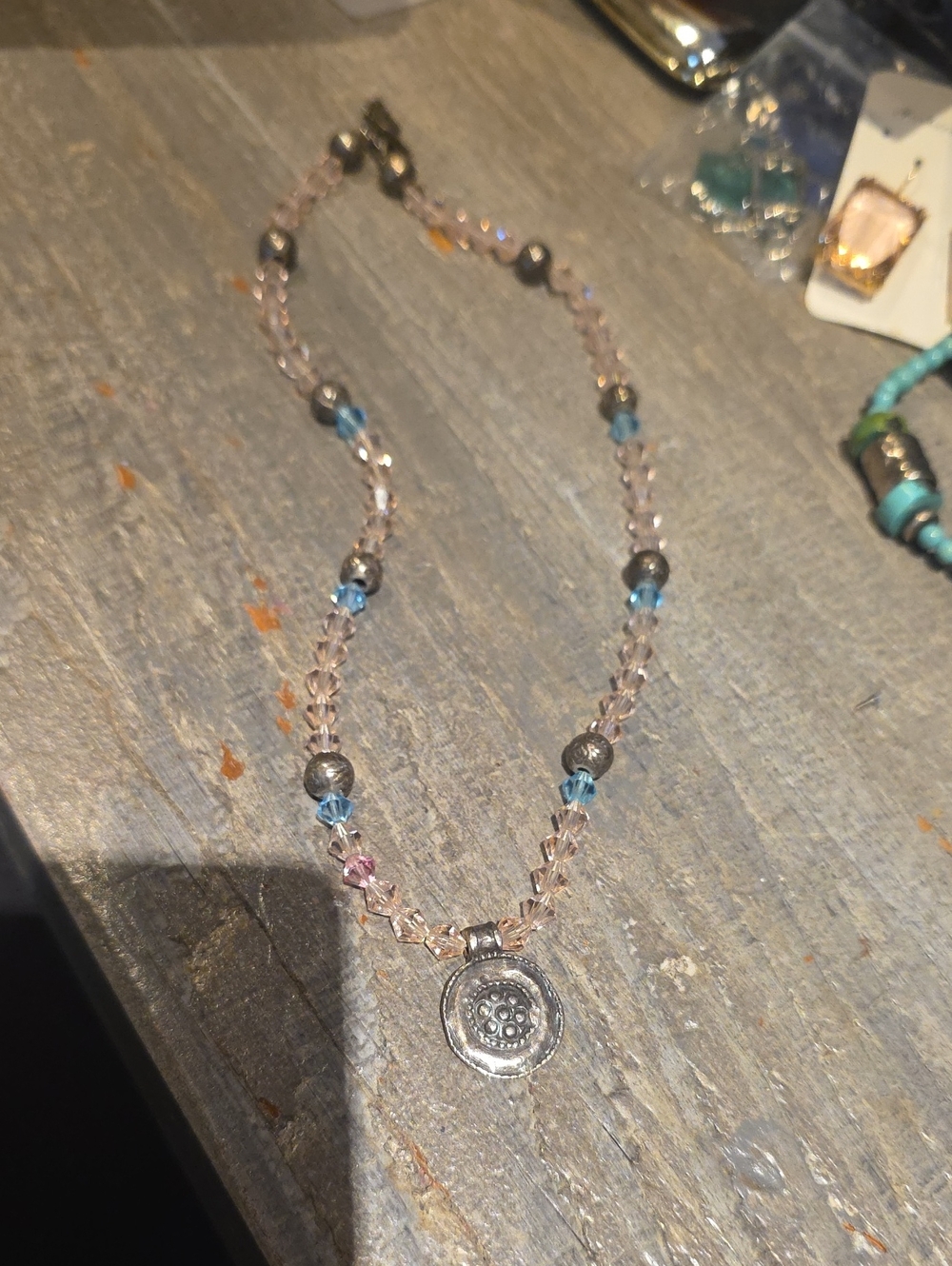 Delicate Pink and Blue Beaded Pendant Necklace Swarowski Crystals